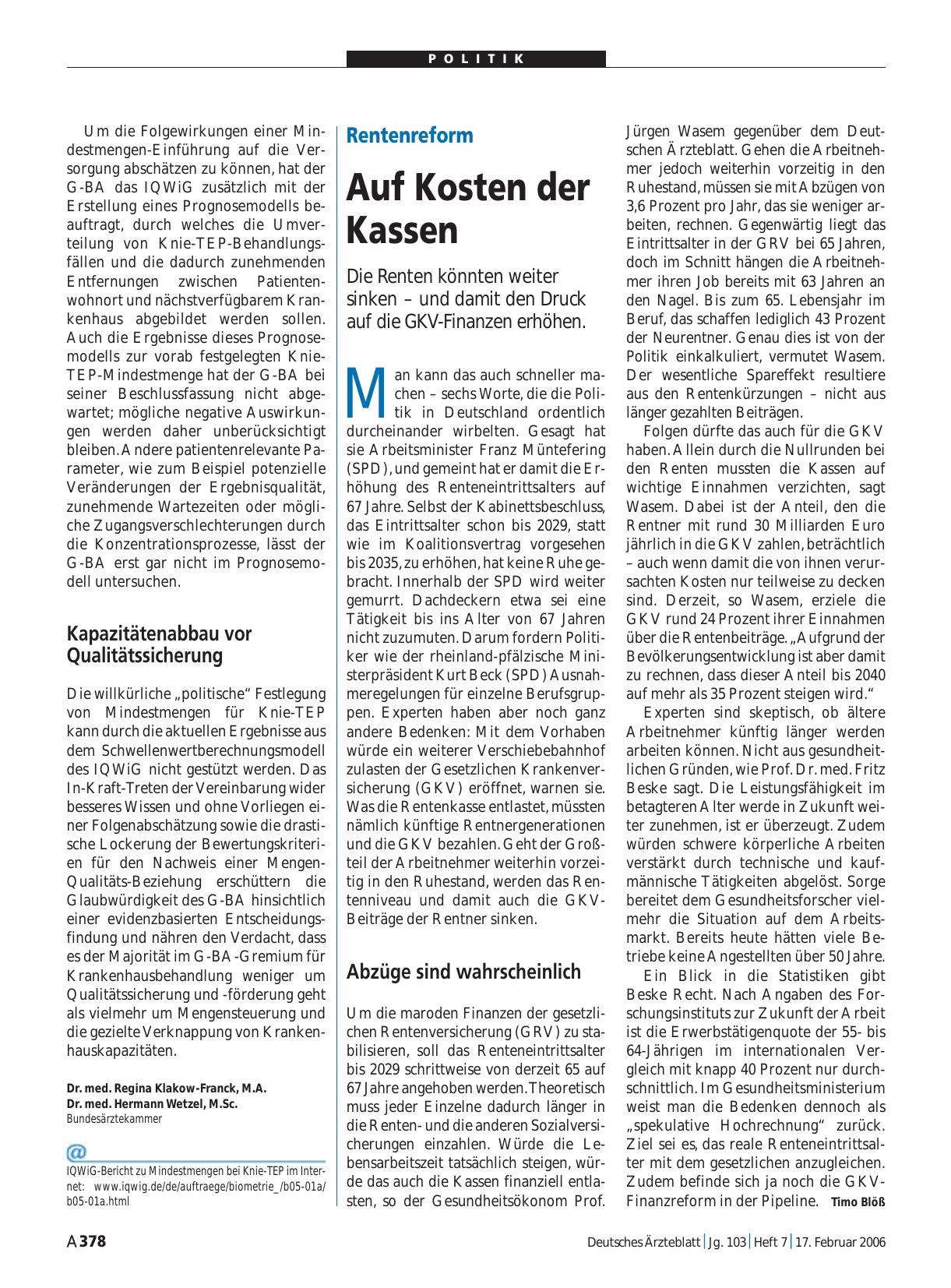 Vorschauseite 1: Rentenreform: Auf Kosten der Kassen