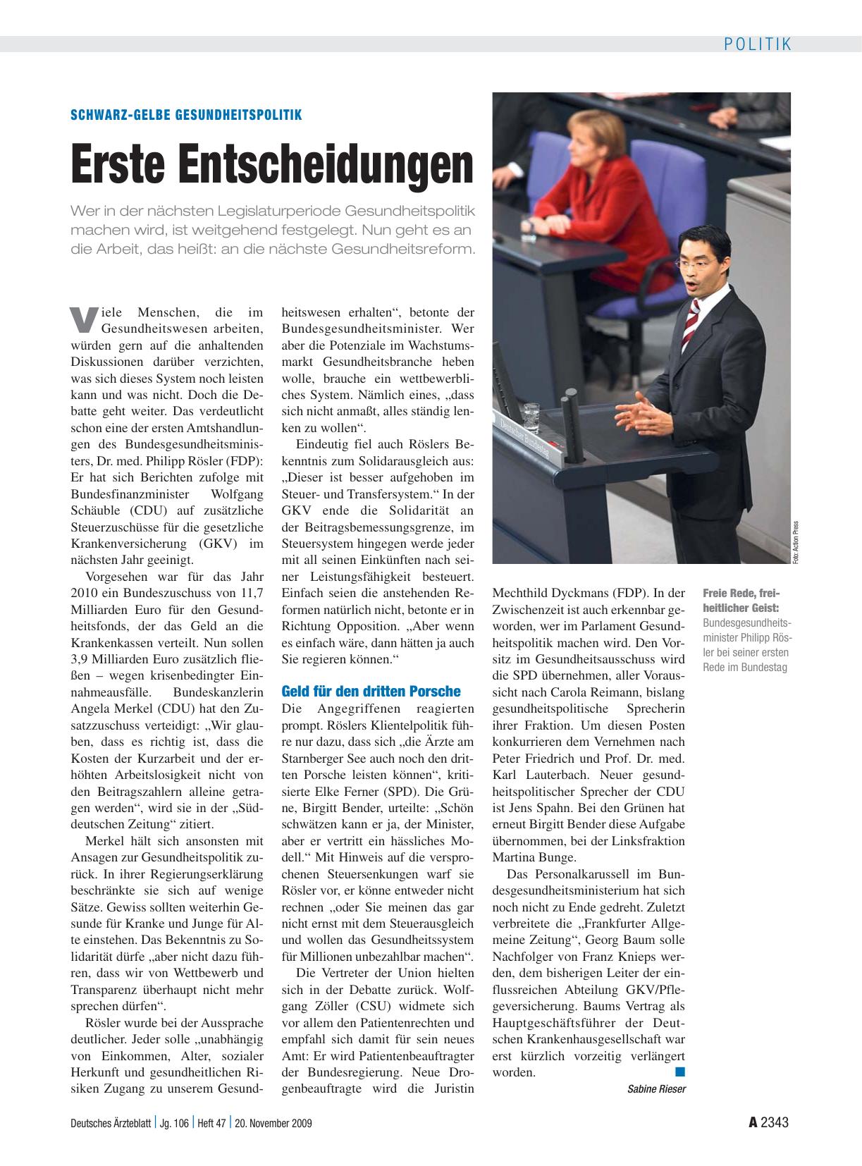 Vorschauseite 1: Schwarz-gelbe Gesundheitspolitik: Erste Entscheidungen