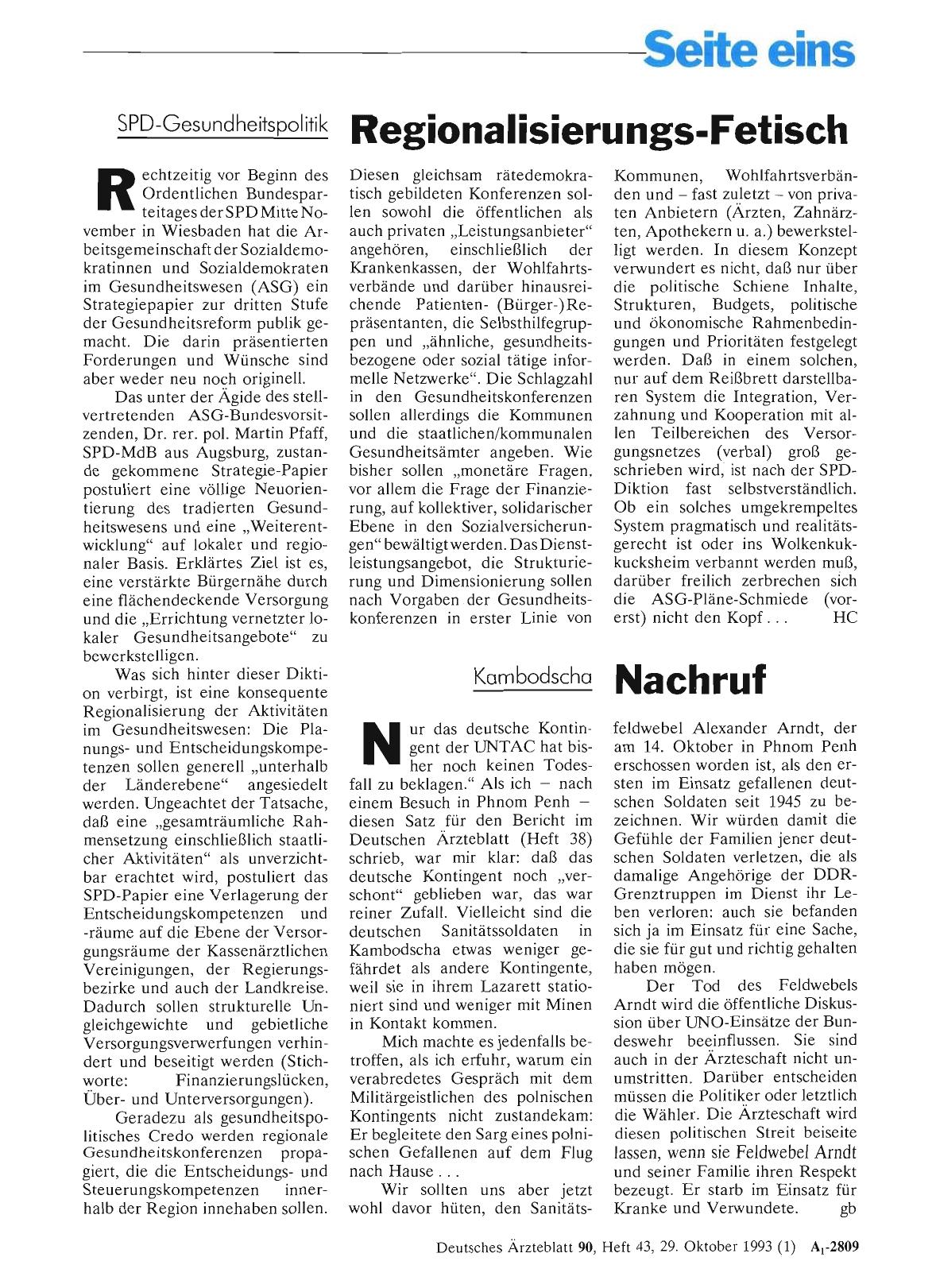 Vorschauseite 1: SPD-Gesundheitspolitik: Regionalisierungs-Fetisch