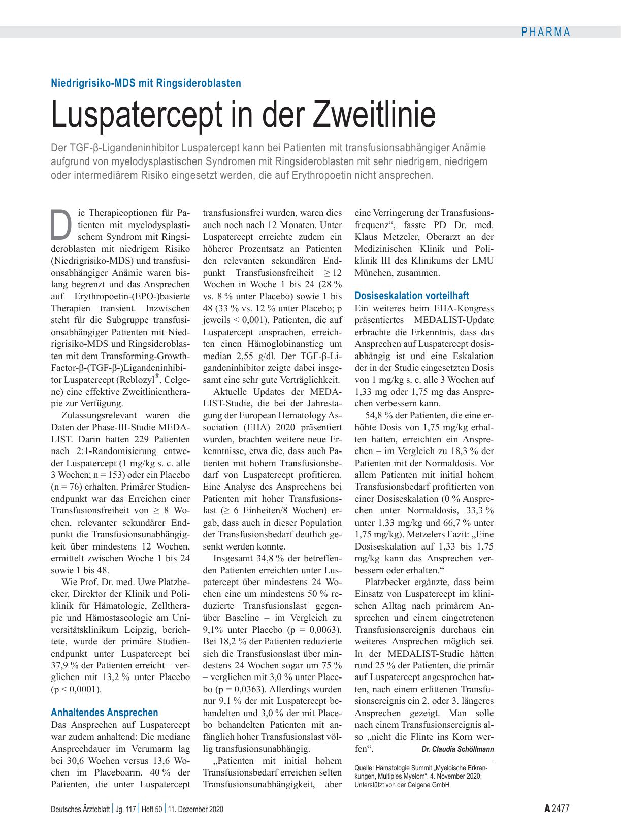 Vorschauseite 1: Niedrigrisiko-MDS mit Ringsideroblasten: Luspatercept in der Zweitlinie