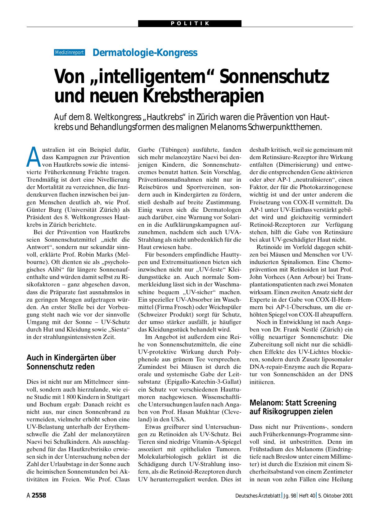 Vorschauseite 1: Dermatologie-Kongress: Von „intelligentem“ Sonnenschutz und neuen Krebstherapien