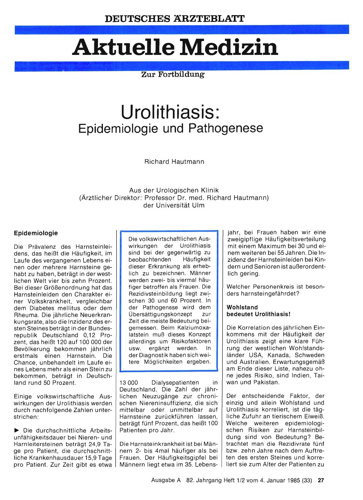 Vorschauseite 1: Urolith iasis: Epidemiologie und Pathogenese