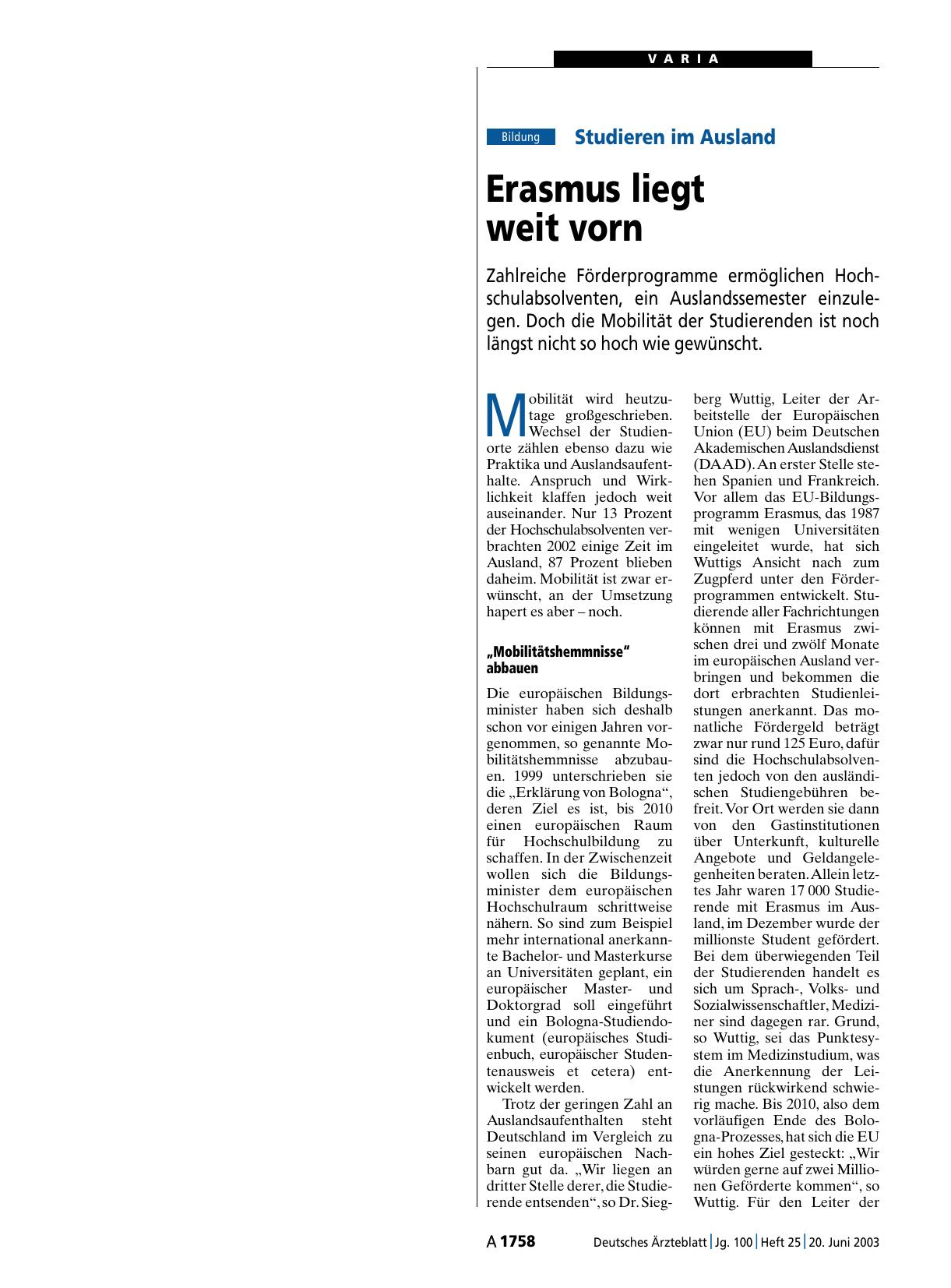 Vorschauseite 1: Studieren im Ausland: Erasmus liegt weit vorn
