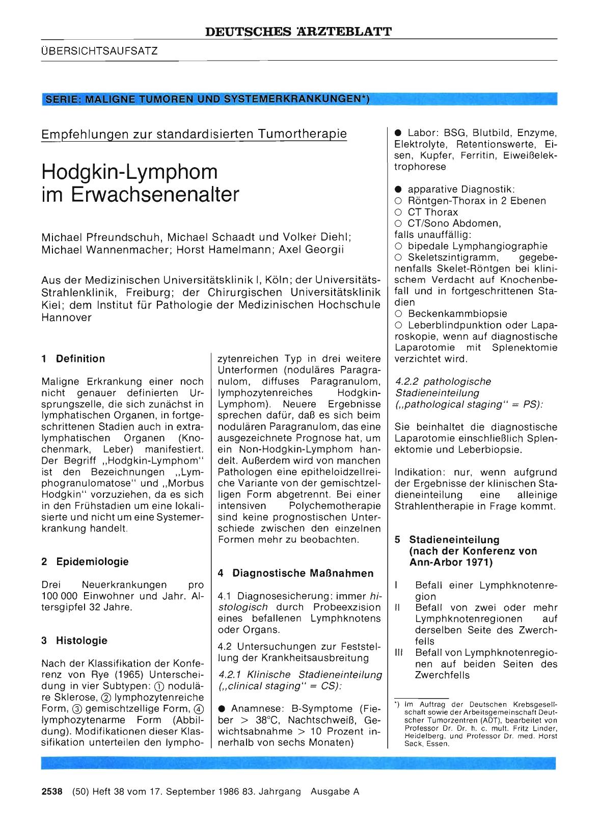 Vorschauseite 1: Empfehlungen zur standardisierten Tumortherapie: Hodgkin-Lymphom im Erwachsenenalter