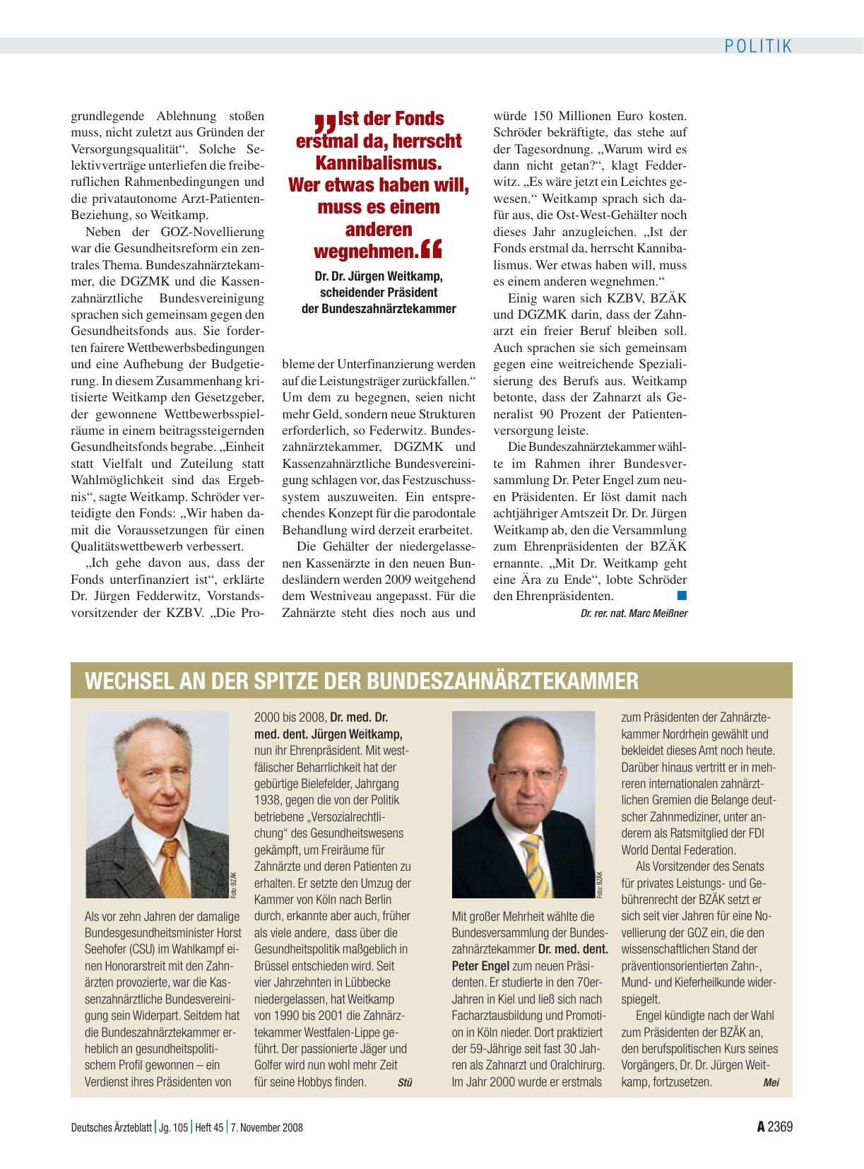 Vorschauseite 1: Wechsel an der Spitze der Bundeszahnärztekammer