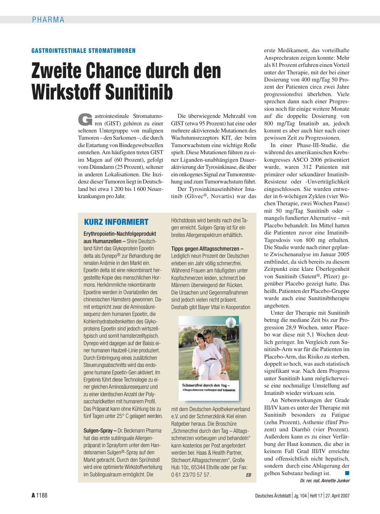 Vorschauseite 1: Gastrointestinale stromatumoren: Zweite Chance durch den Wirkstoff Sunitinib