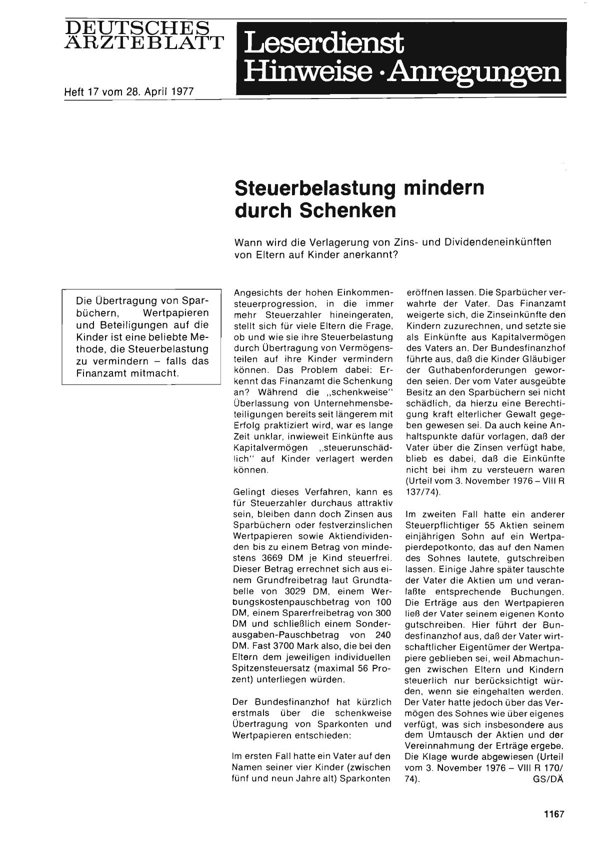 Vorschauseite 1: Steuerbelastung mindern durch Schenken: Wann wird die Verlagerung von Zinsund Dividendeneinkünften von Eltern auf Kinder anerkannt?