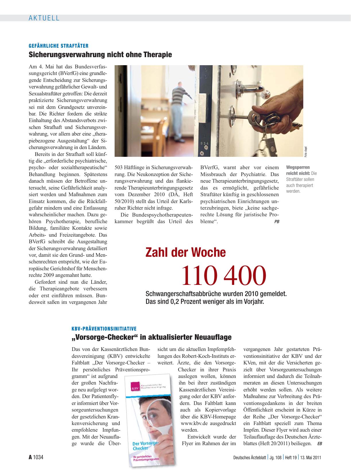 Vorschauseite 1: Gefährliche Straftäter: Sicherungsverwahrung nicht ohne Therapie