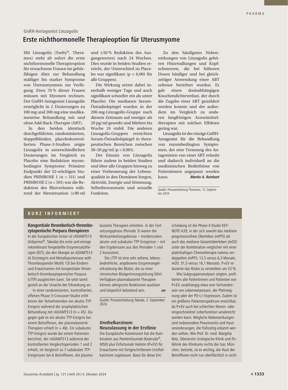 Vorschauseite 1: GnRH-Antagonist Linzagolix: Erste nicht-hormonelle Therapieoption für Uterusmyome