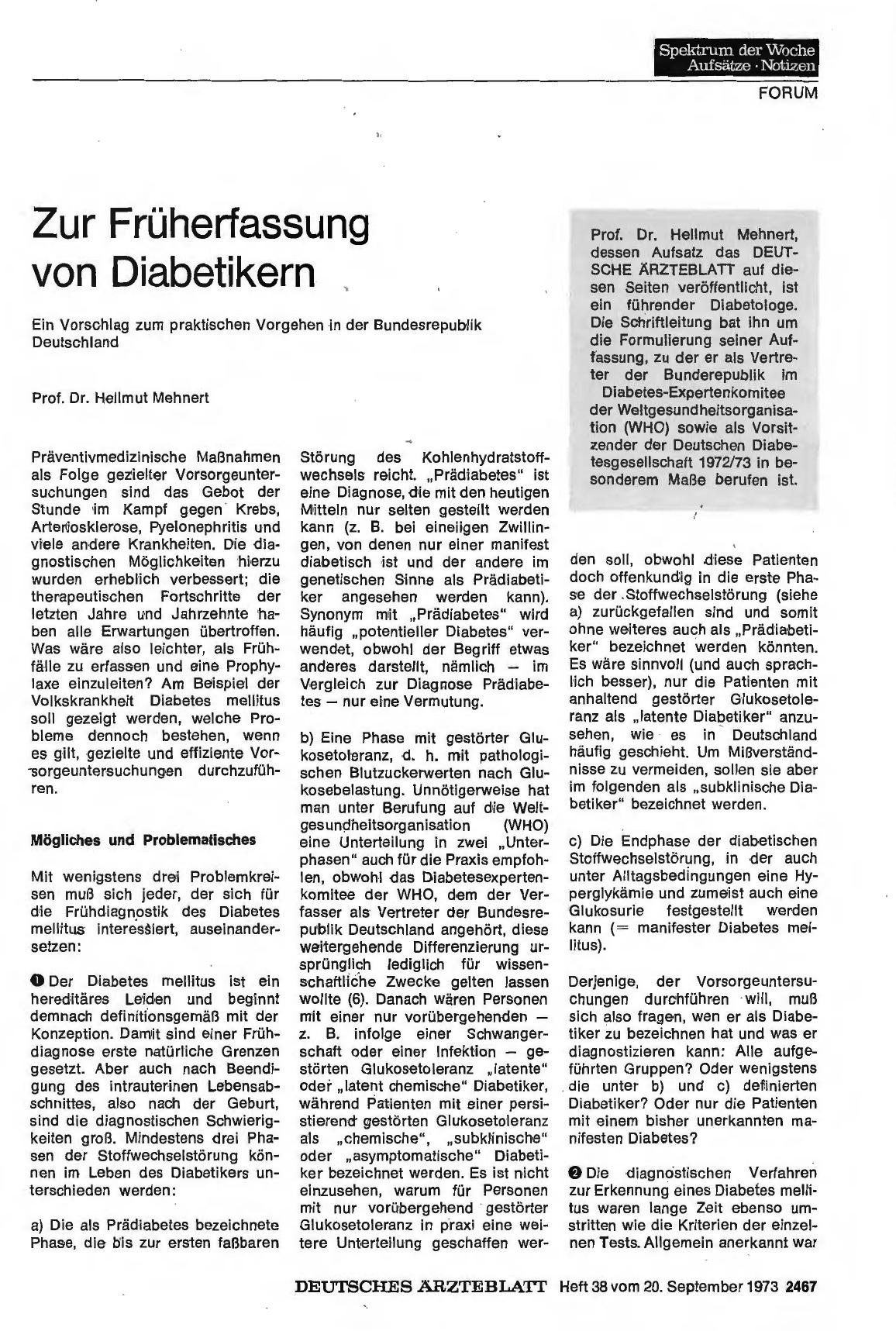 Vorschauseite 1: Zur Früherfassung von Diabetikern: Ein Vorschlag zum praktischen Vorgehen in der Bundesrepublik Deutschland