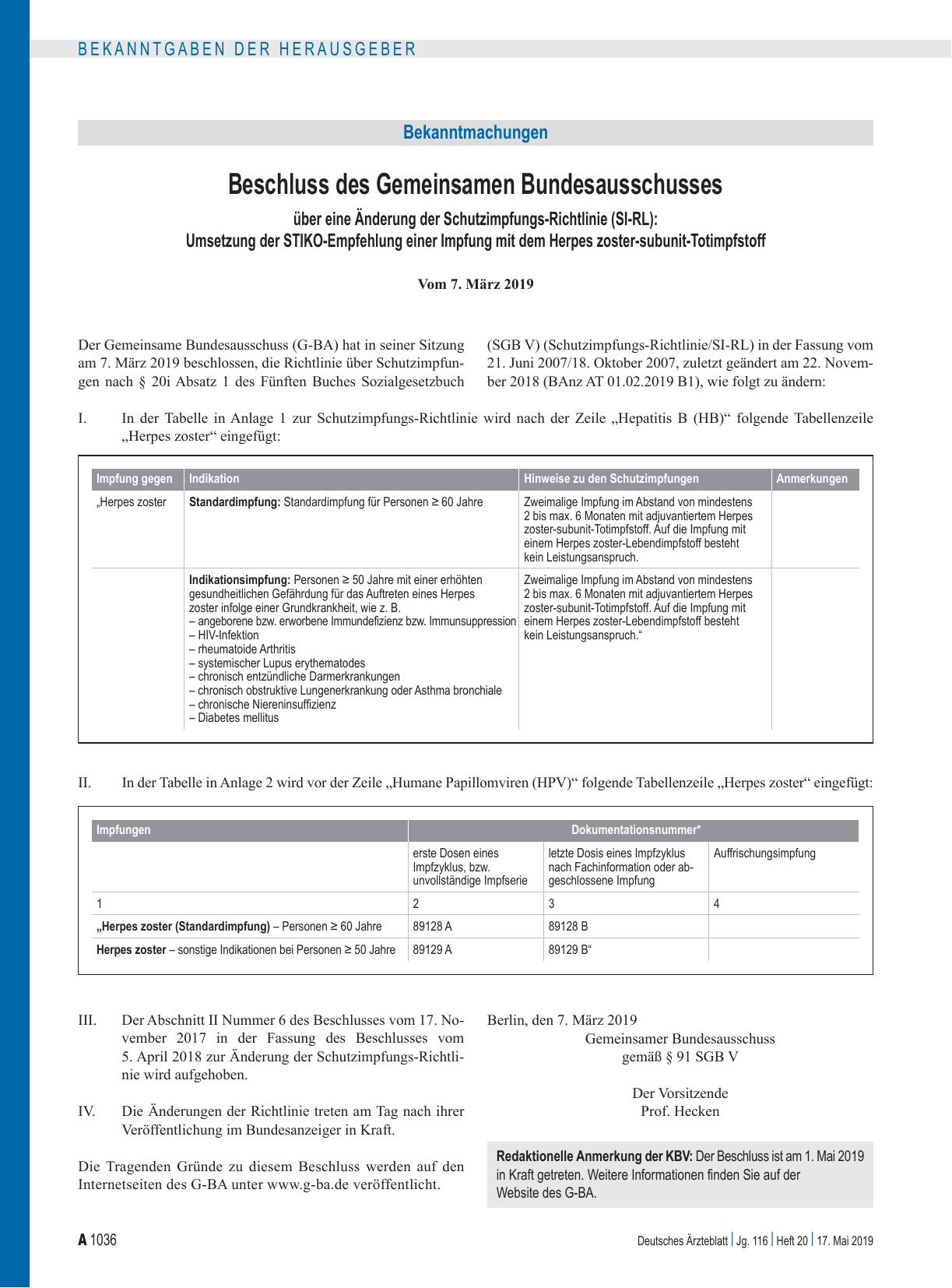 Vorschauseite 1: Beschluss des Gemeinsamen Bundesausschusses über eine Änderung der Schutzimpfungs-Richtlinie (SI-RL): Umsetzung der STIKO-Empfehlung einer Impfung mit dem Herpes zoster-subunit-To…