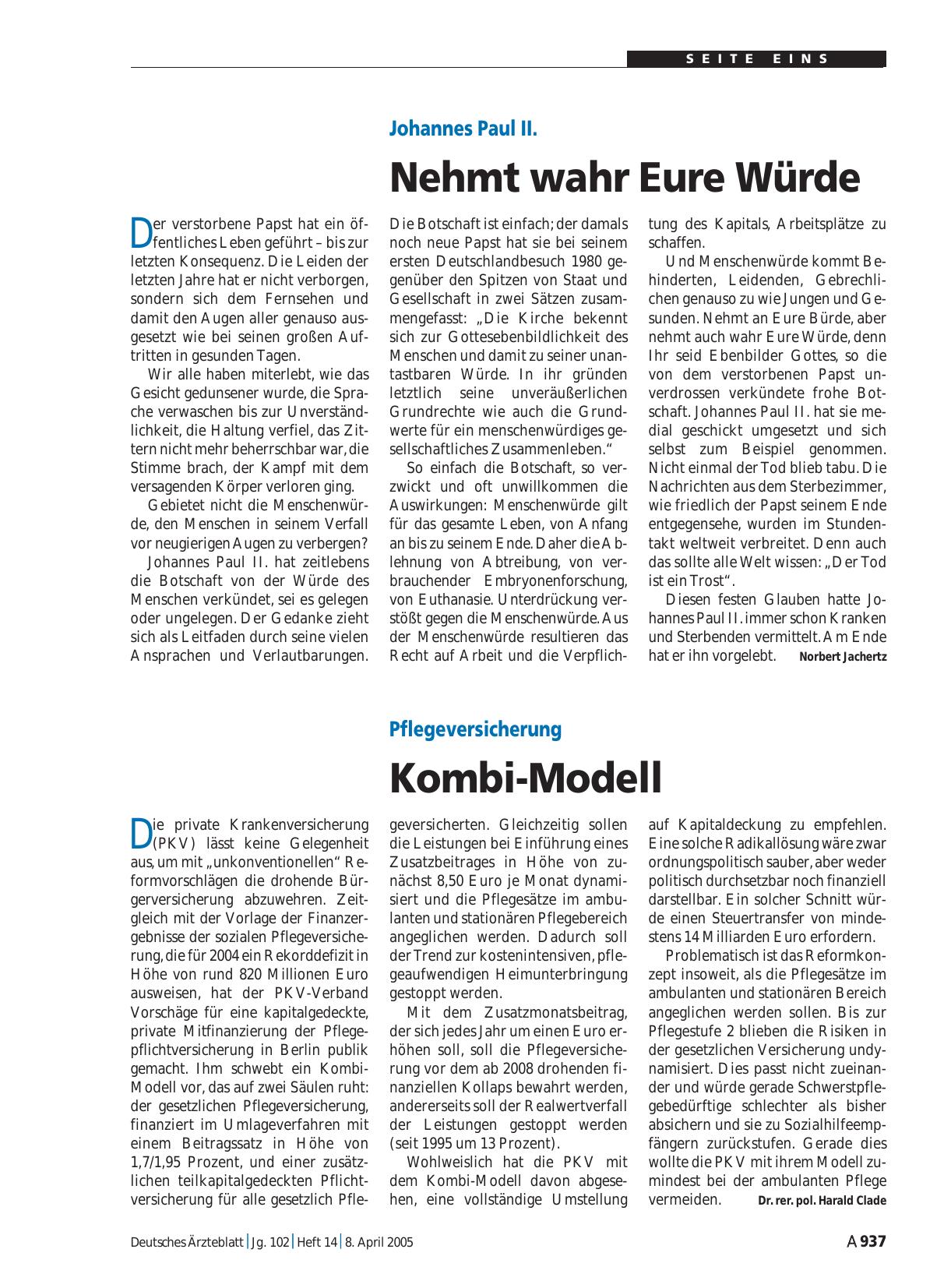 Vorschauseite 1: Johannes Paul II. – Nehmt wahr Eure Würde