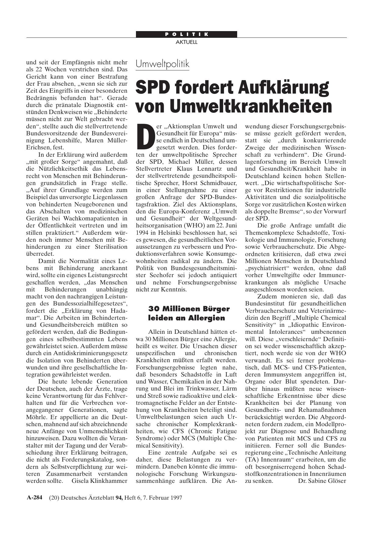 Vorschauseite 1: Umweltpolitik: SPD fordert Aufklärung von Umweltkrankheiten