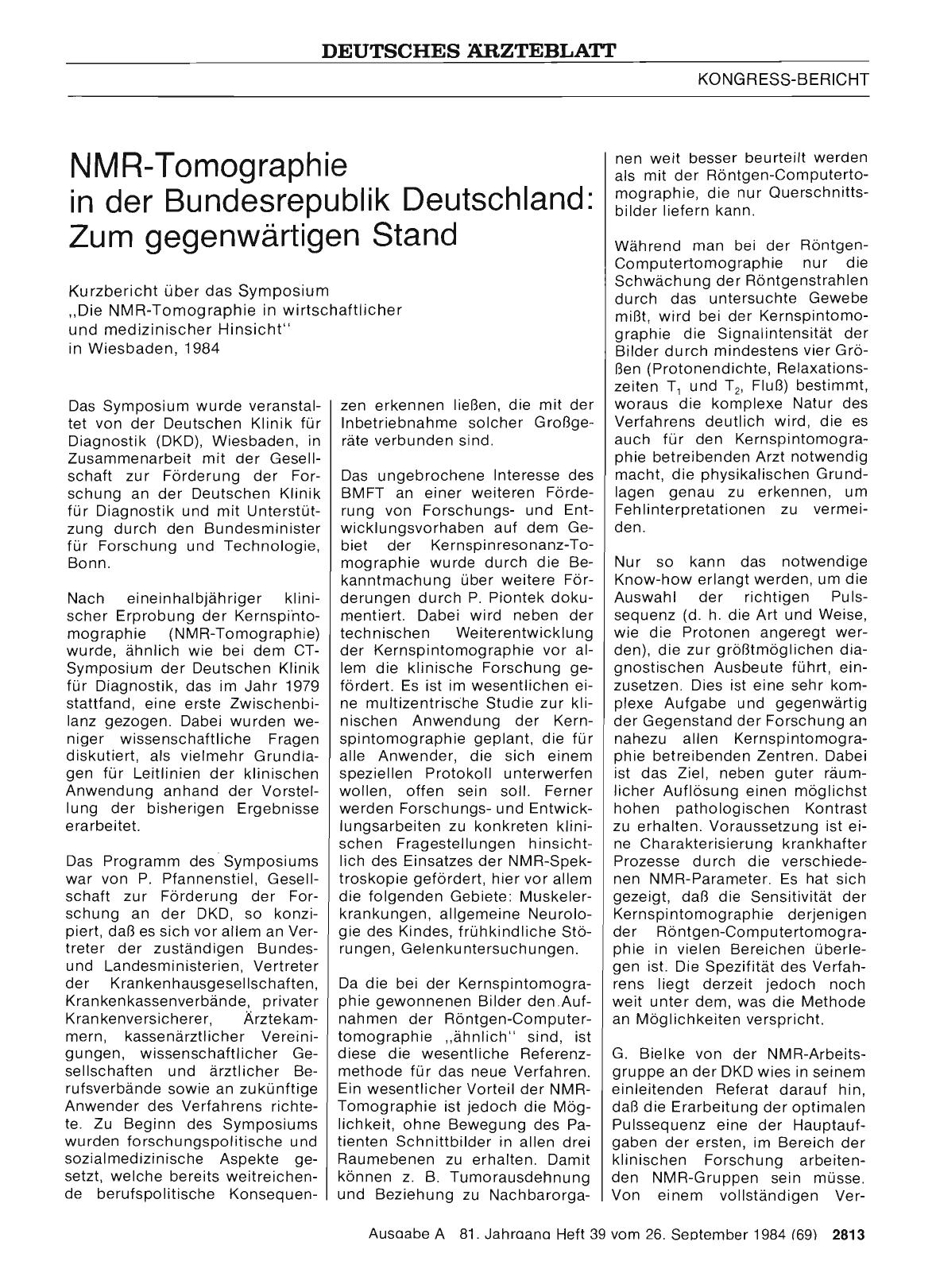 Vorschauseite 1: NMR-Tomographie in der Bundesrepublik Deutschland: Zum gegenwärtigen Stand: Kurzbericht über das Symposium „Die NMR-Tomographie in wirtschaftlicher und medizinischer Hinsicht“ in…