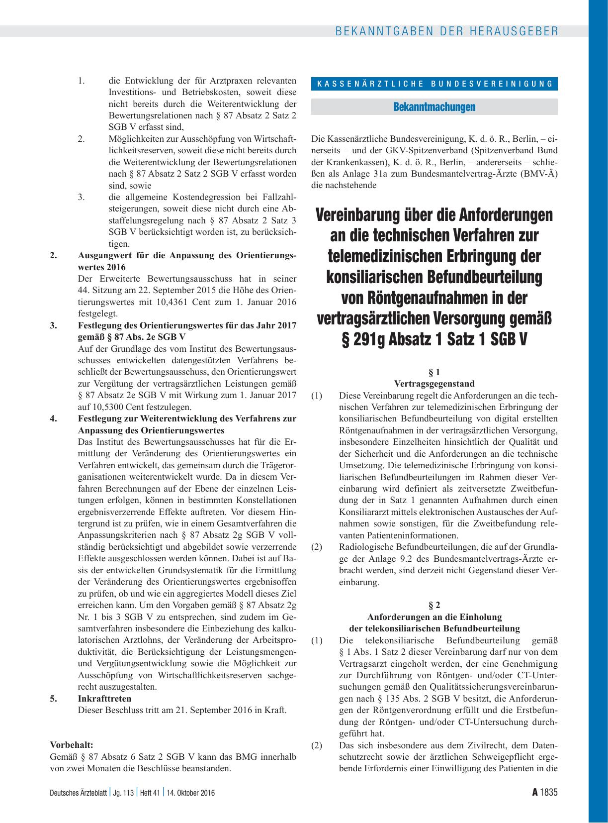 Vorschauseite 1: Vereinbarung über die Anforderungen an die technischen Verfahren zur telemedizinischen Erbringung der konsiliarischen Befund beurteilung von Röntgenaufnahmen in der vertragsärztli…