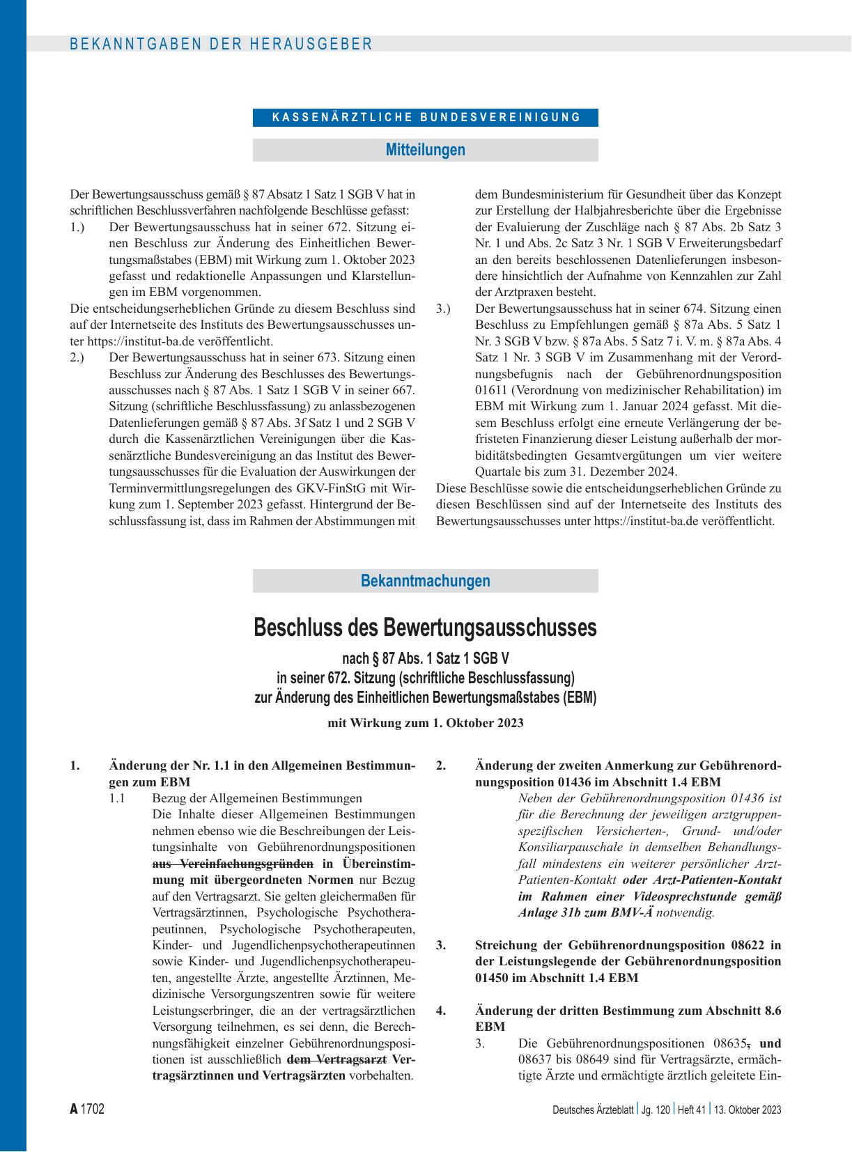 Vorschauseite 1: Beschluss des Bewertungsausschusses nach § 87 Abs. 1 Satz 1 SGB V in seiner 672. Sitzung (schriftliche Beschlussfassung) zur Änderung des Einheitlichen Bewertungsmaßstabes (EBM)