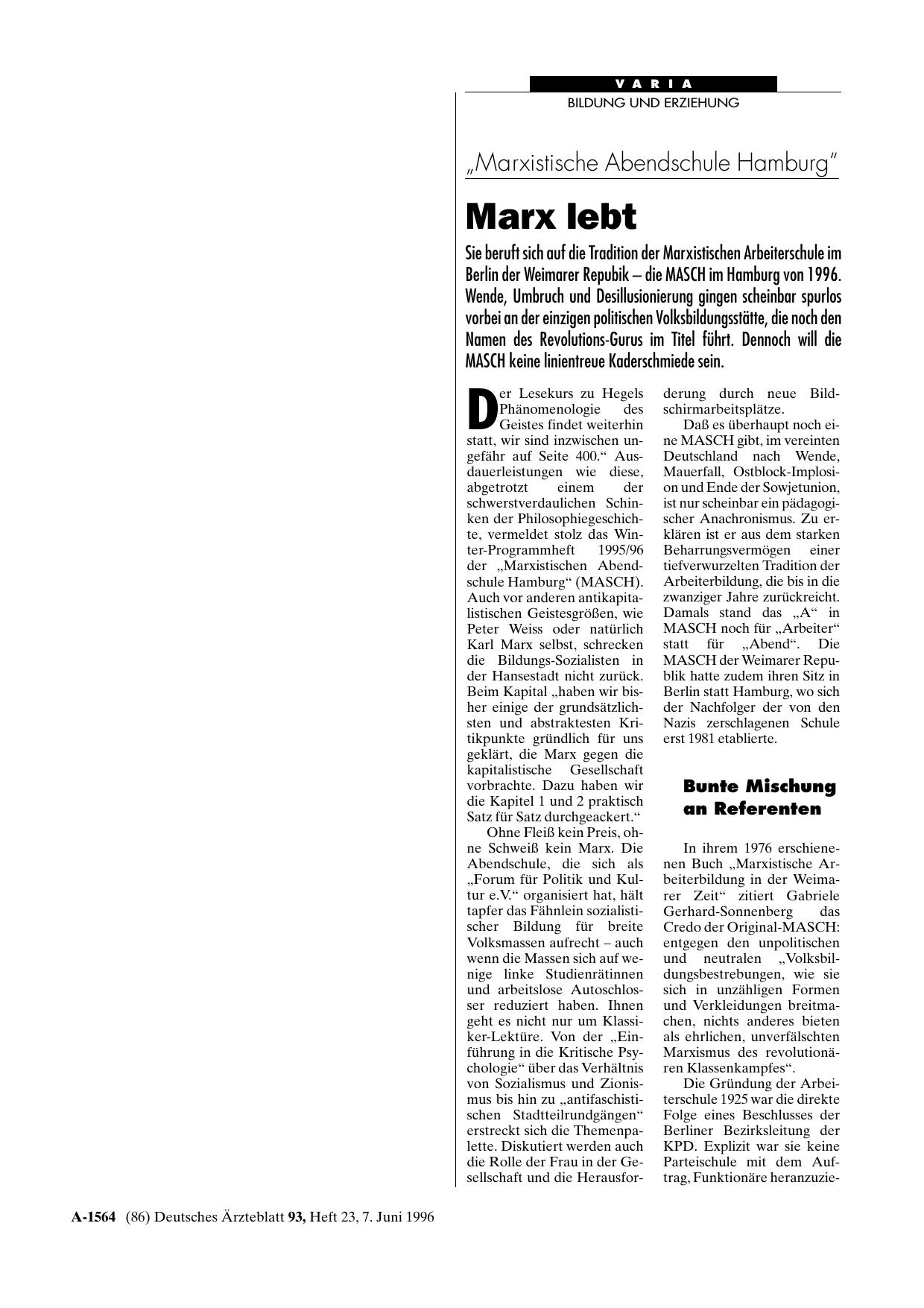 Vorschauseite 1: „Marxistische Abendschule Hamburg„: Marx lebt