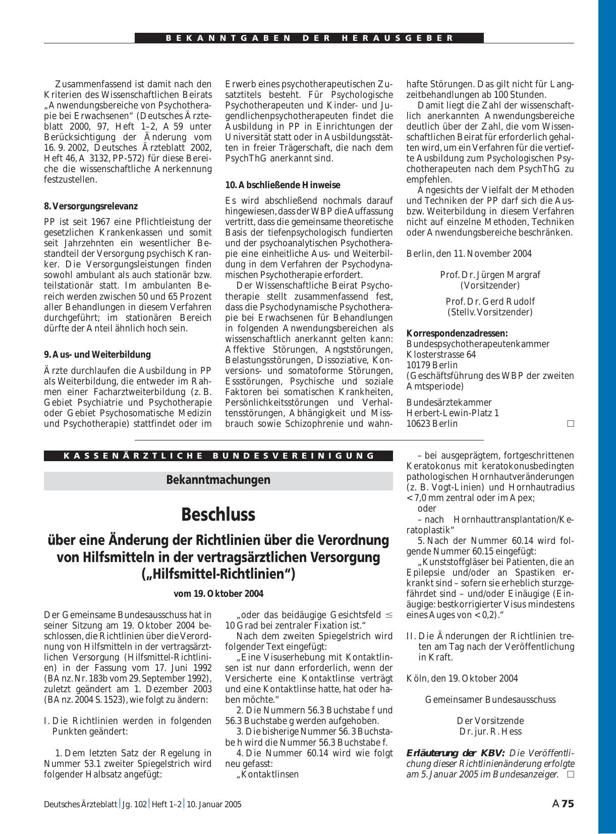 Vorschauseite 1: Beschluss über eine Änderung der Richtlinien über die Verordnung von Hilfsmitteln in der vertragsärztlichen Versorgung („Hilfsmittel-Richtlinien“) vom 19. Oktober 2004
