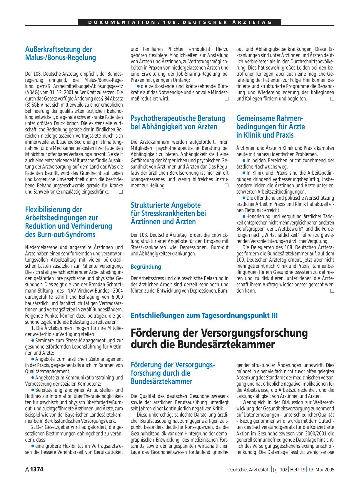 Vorschauseite 1: Entschließungen zum Tagesordnungspunkt III: Förderung der Versorgungsforschung durch die Bundesärztekammer