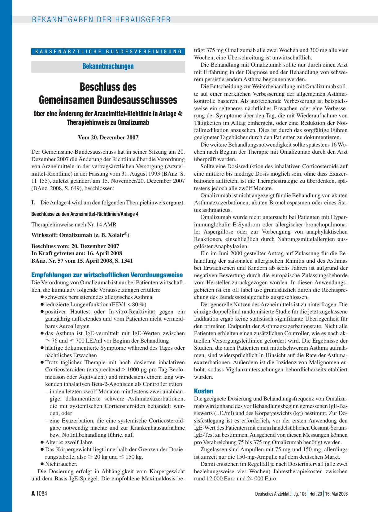 Vorschauseite 1: Beschluss des Gemeinsamen Bundesausschusses über eine Änderung der Arzneimittel-Richtlinie in Anlage 4: Therapiehinweis zu Omalizumab Vom 20. Dezember 2007