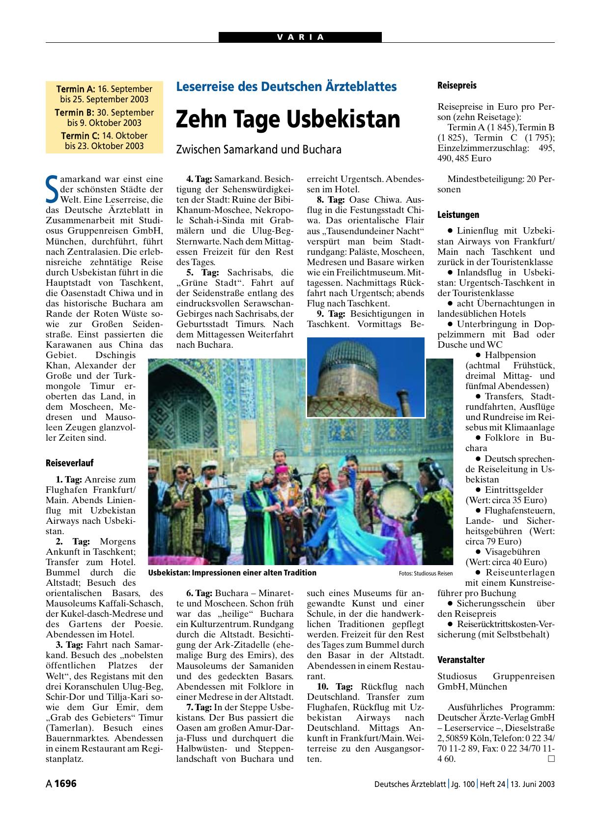 Vorschauseite 1: Leserreise des Deutschen Ärzteblattes: Zehn Tage Usbekistan – Zwischen Samarkand und Buchara
