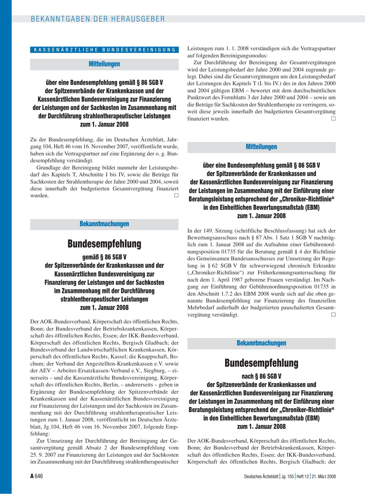 Vorschauseite 1: Mitteilungen über eine Bundesempfehlung gemäß § 86 SGB V der Spitzenverbände der Krankenkassen und der Kassenärztlichen Bundesvereinigung zur Finanzierung der Leistungen im Zusamm…