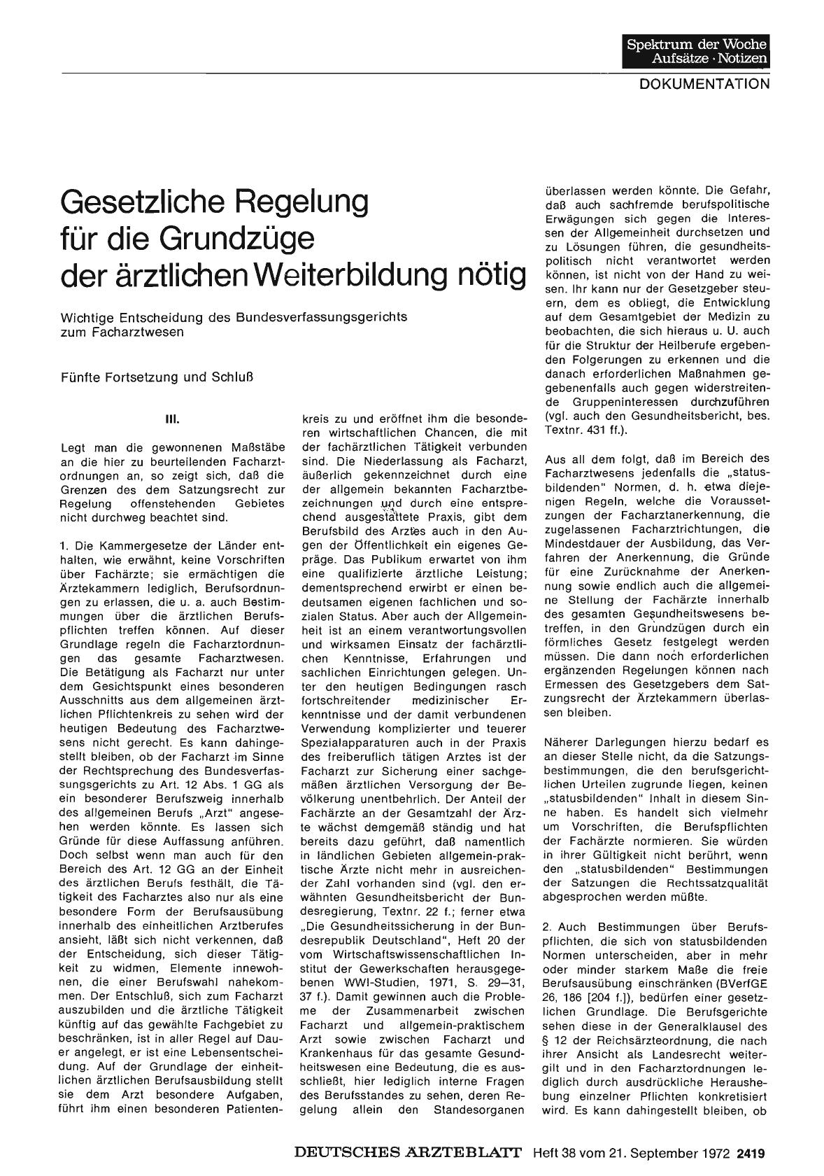 Vorschauseite 1: Gesetzliche Regelung für die Grundzüge der ärztlichen Weiterbildung nötig — Fünfte Fortsetzung und Schluß