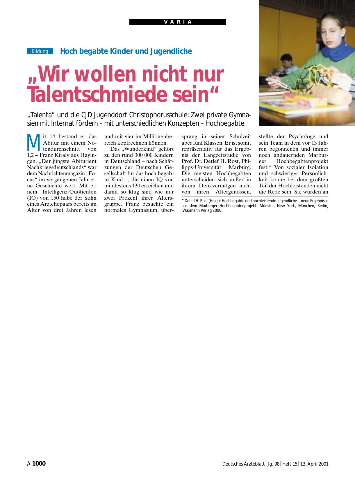 Vorschauseite 1: Hoch begabte Kinder und Jugendliche - „Wir wollen nicht nur Talentschmiede sein“