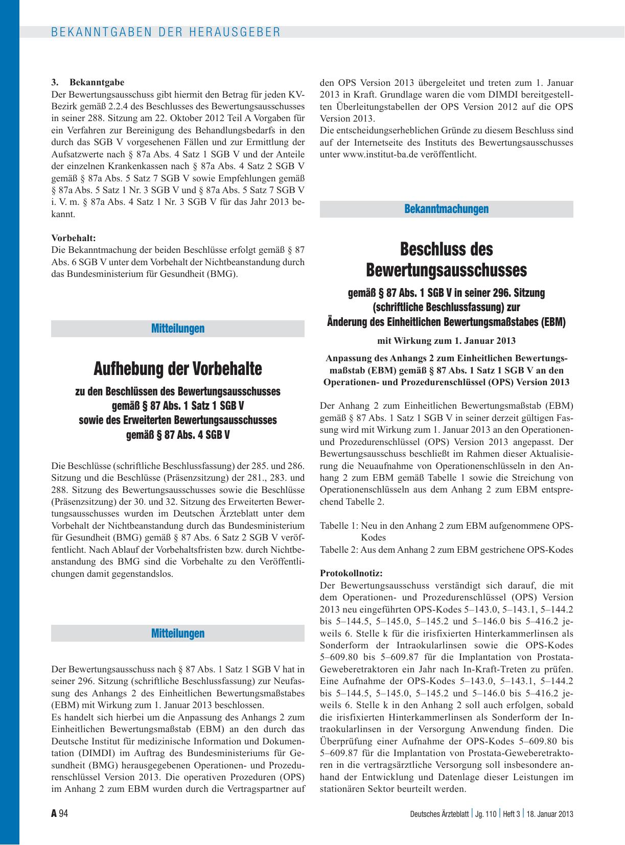 Vorschauseite 1: Aufhebung der Vorbehalte zu den Beschlüssen des Bewertungsausschusses gemäß § 87 Abs. 1 Satz 1 SGB V sowie des Erweiterten Bewertungsausschusses gemäß § 87 Abs. 4 SGB V