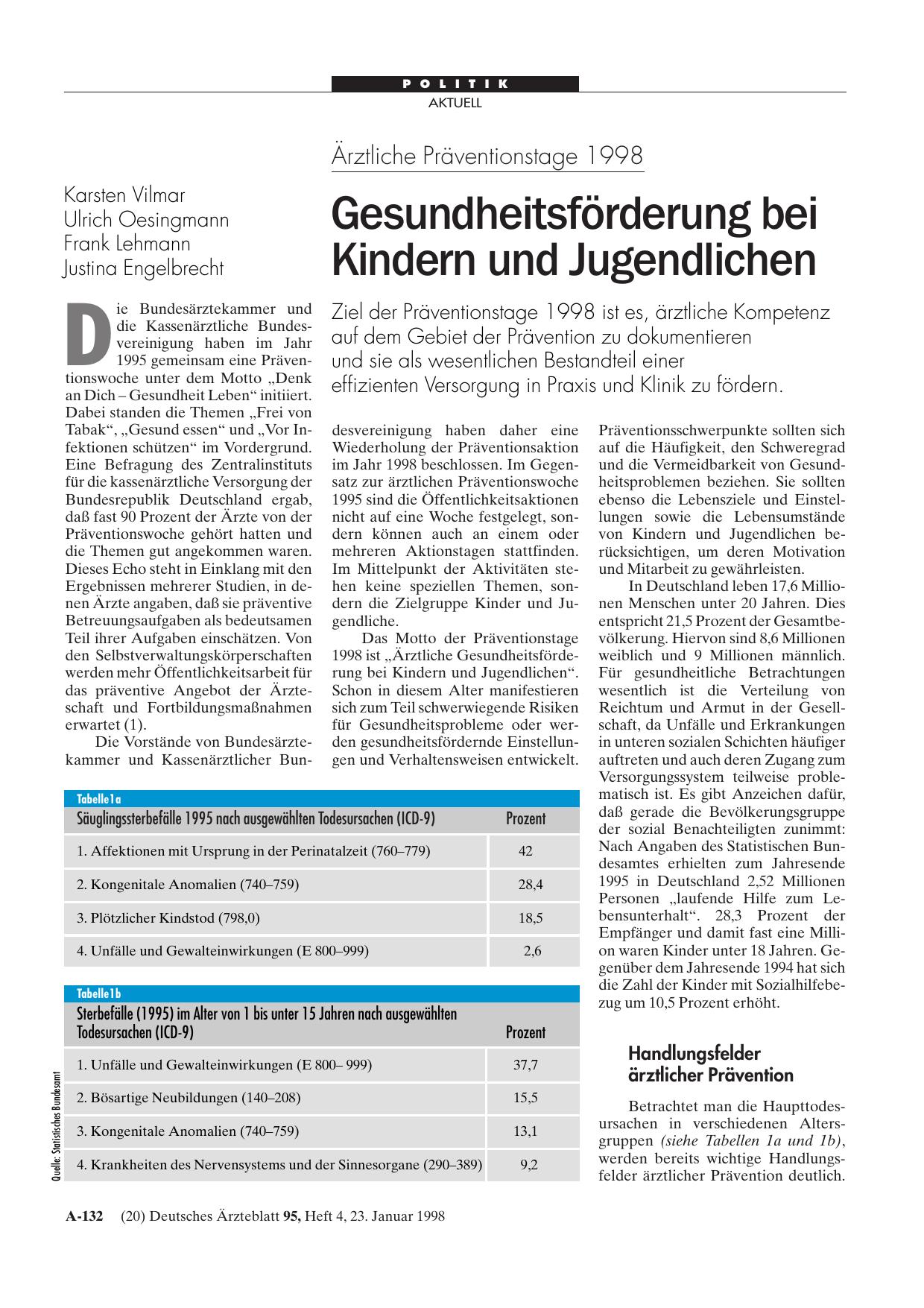 Vorschauseite 1: Ärztliche Präventionstage 1998: Gesundheitsförderung bei Kindern und Jugendlichen