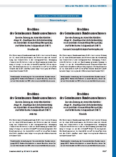 Vorschauseite 1: Beschluss des Gemeinsamen Bundesausschusses über eine Änderung der Arzneimittel-Richtlinie: Anlage XII – Beschlüsse über die Nutzenbewertung von Arzneimitteln mit neuen Wirkstoffe…