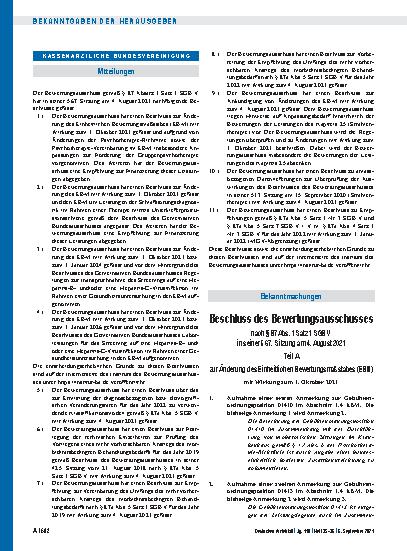 Vorschauseite 1: Beschluss des Bewertungsausschusses nach § 87 Abs. 1 Satz 1 SGB V in seiner 567. Sitzung am 4. August 2021