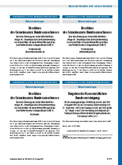 Vorschauseite 1: Beschluss des Gemeinsamen Bundesausschusses über eine Änderung der Arzneimittel-Richtlinie: Remdesivir