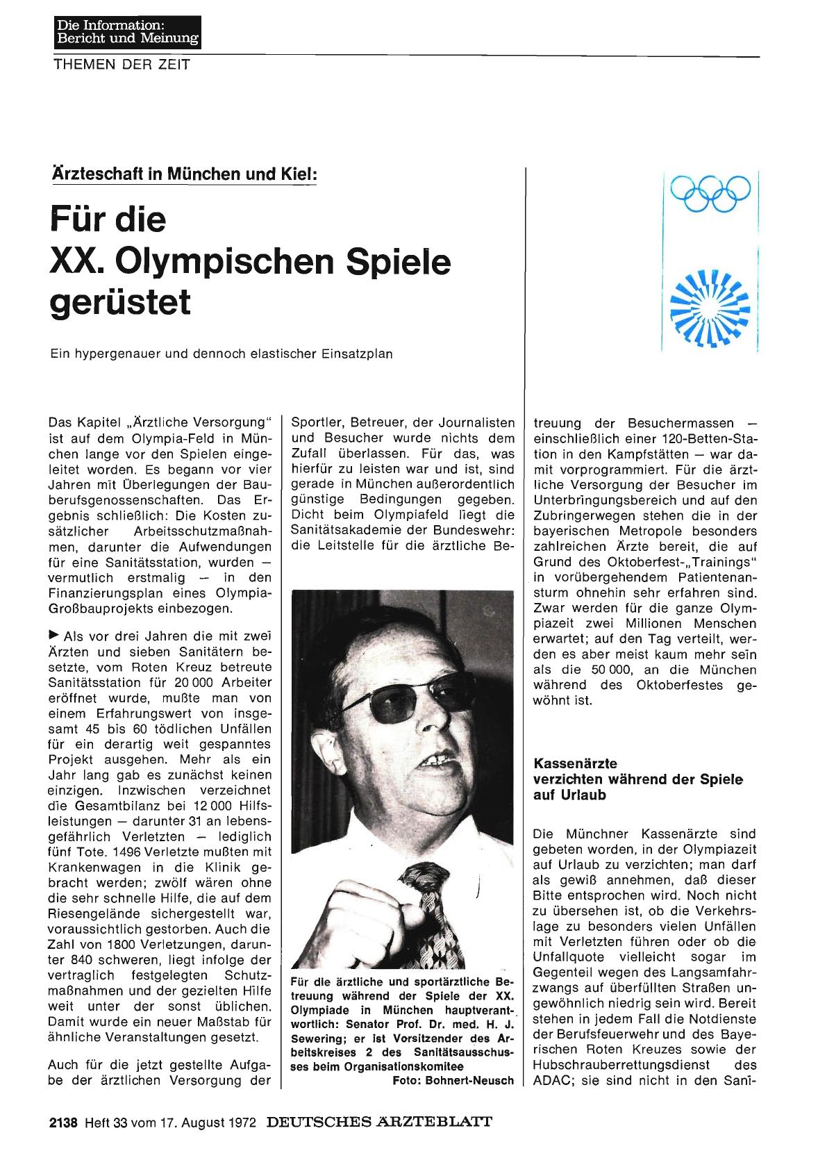 Vorschauseite 1: Ärzteschaft in München und Kiel: Für die XX. Olympischen Spiele gerüstet - Ein hypergenauer und dennoch elastischer Einsatzplan