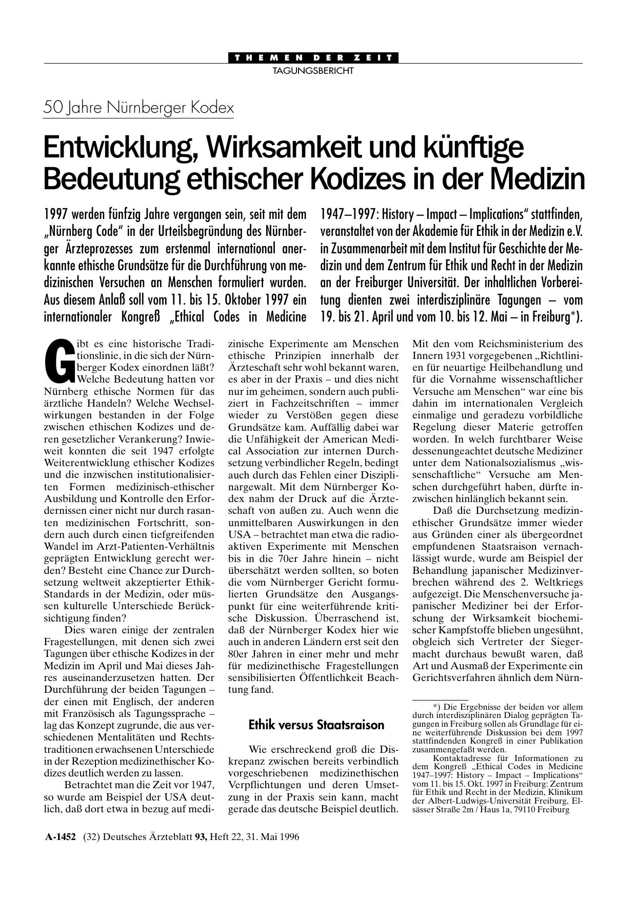 Vorschauseite 1: 50 Jahre Nürnberger Kodex: Entwicklung, Wirksamkeit und künftige Bedeutung ethischer Kodizes in der Medizin
