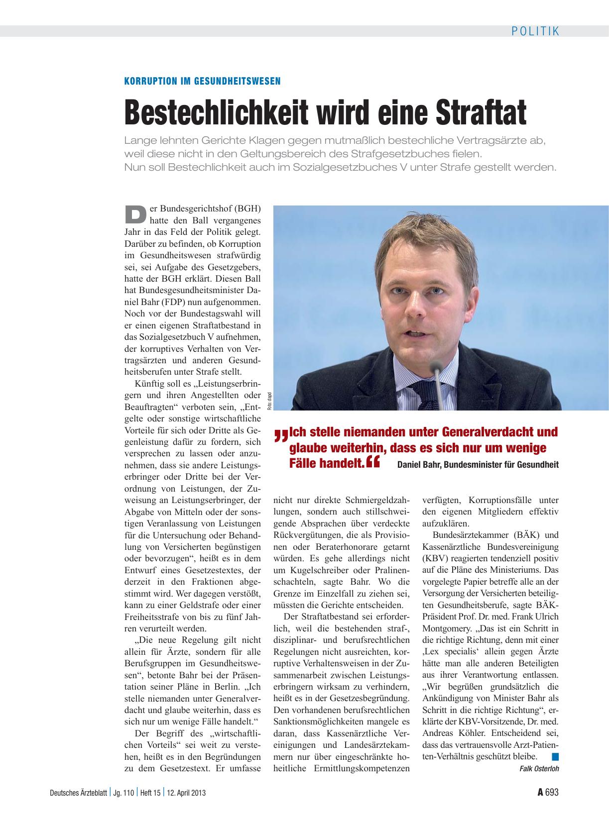 Vorschauseite 1: Korruption im Gesundheitswesen: Bestechlichkeit wird eine Straftat