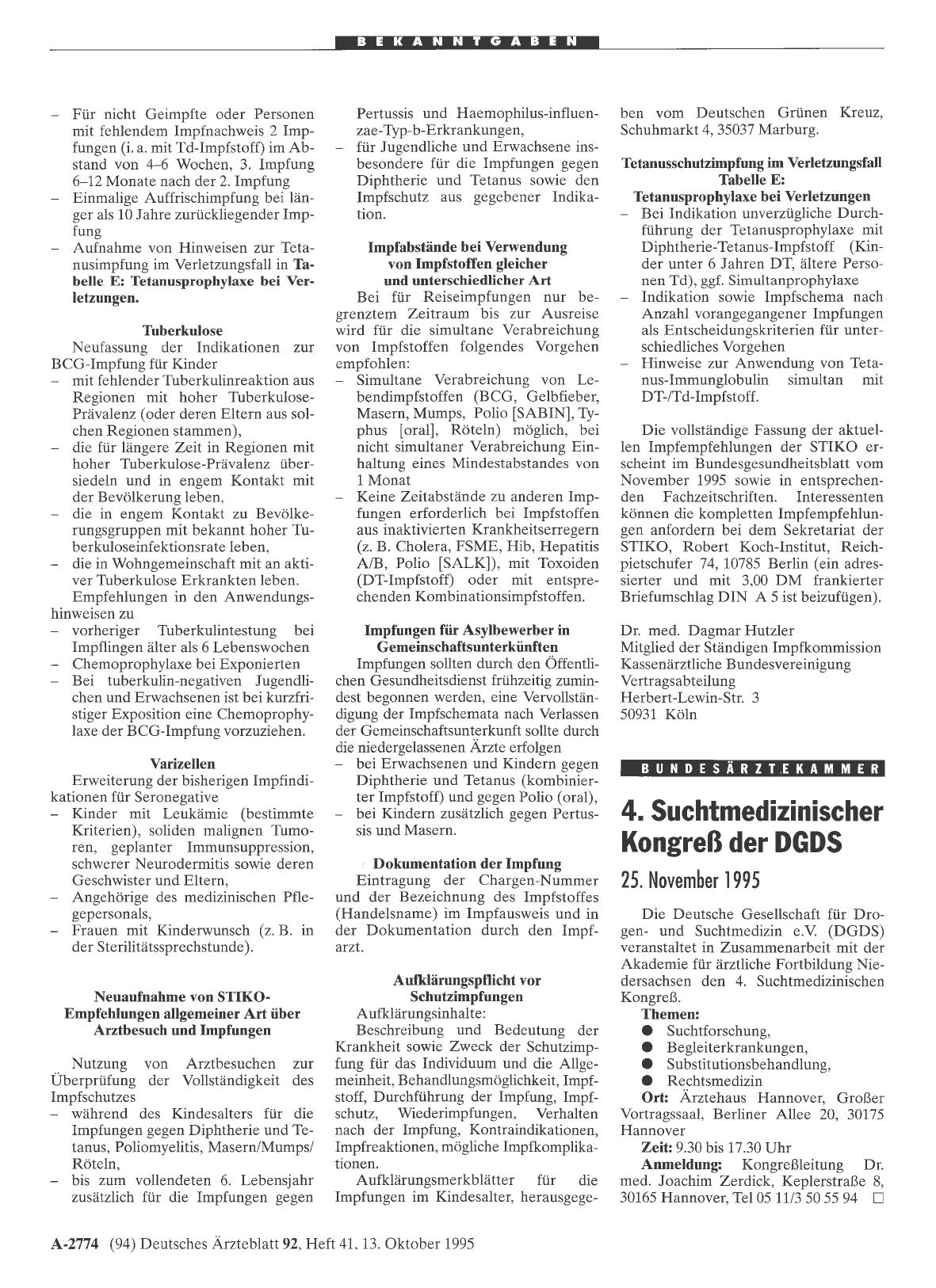 Vorschauseite 1: 4. Suchtmedizinischer Kongreß der DGDS 25. November 1995