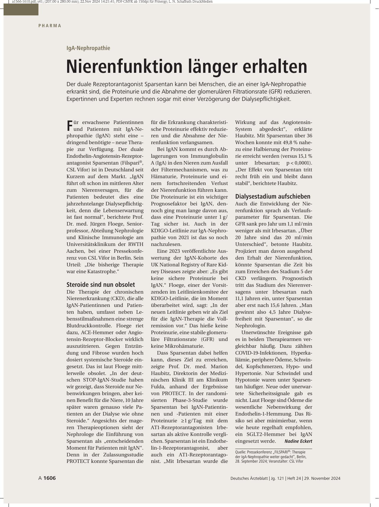 Vorschauseite 1: IgA-Nephropathie: Nierenfunktion länger erhalten