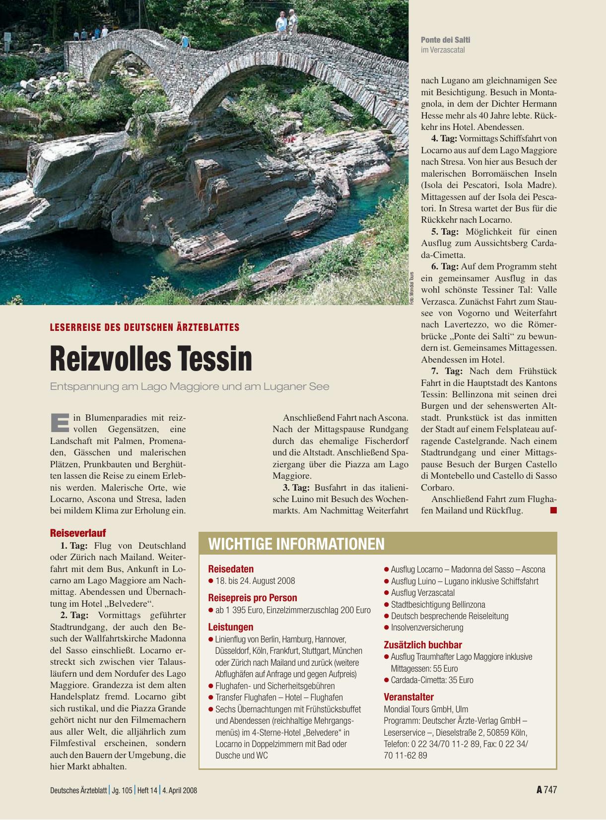 Vorschauseite 1: Leserreise des Deutschen Ärzteblattes: Reizvolles Tessin
