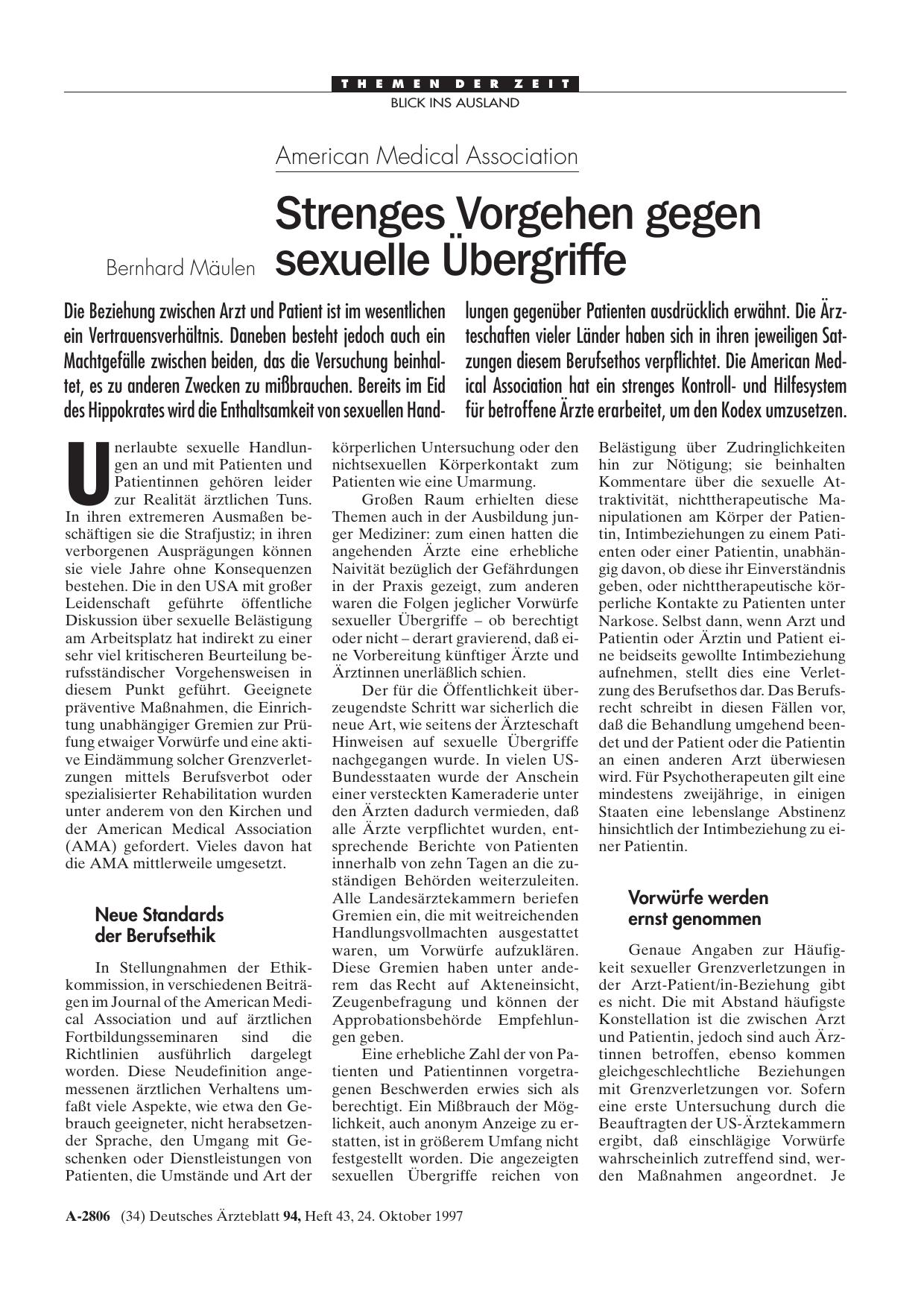 Vorschauseite 1: American Medical Association: Strenges Vorgehen gegen sexuelle Übergriffe