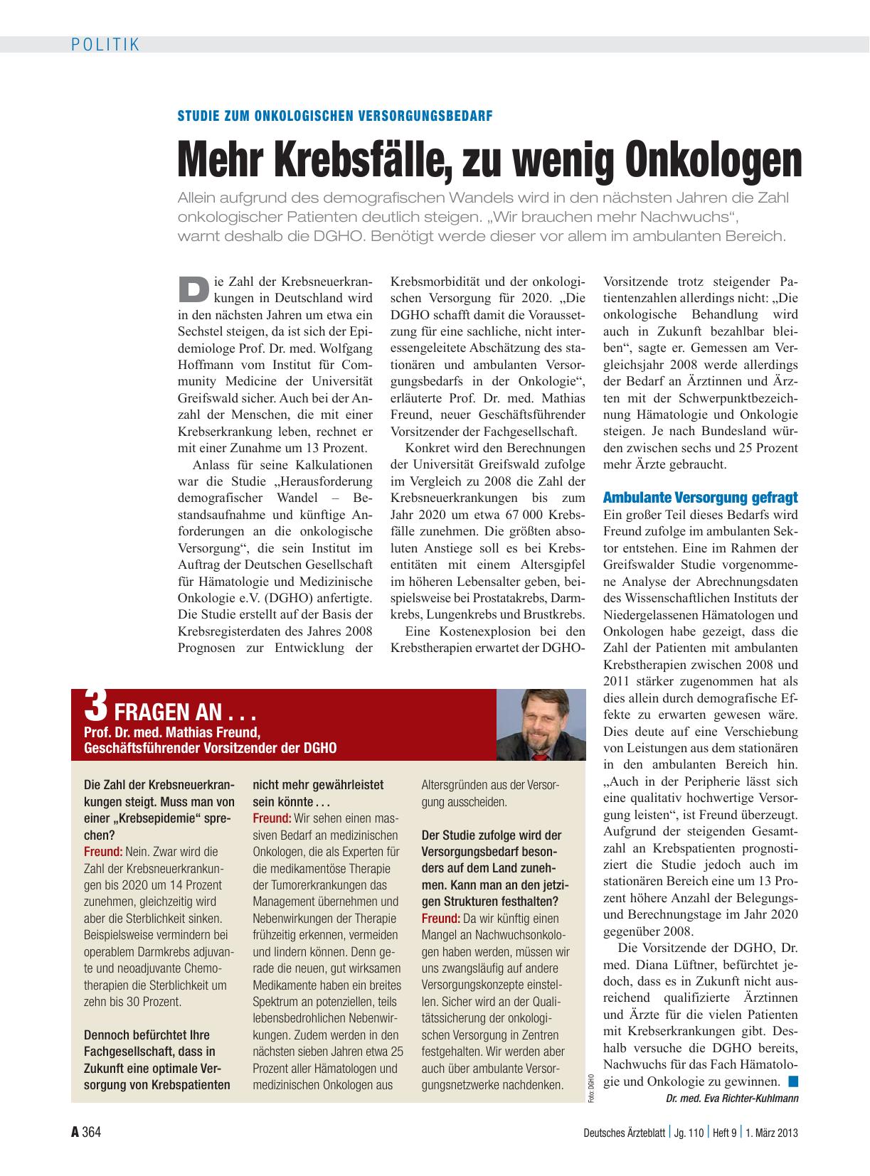 Vorschauseite 1: Studie zum onkologischen Versorgungsbedarf: Mehr Krebsfälle, zu wenig Onkologen