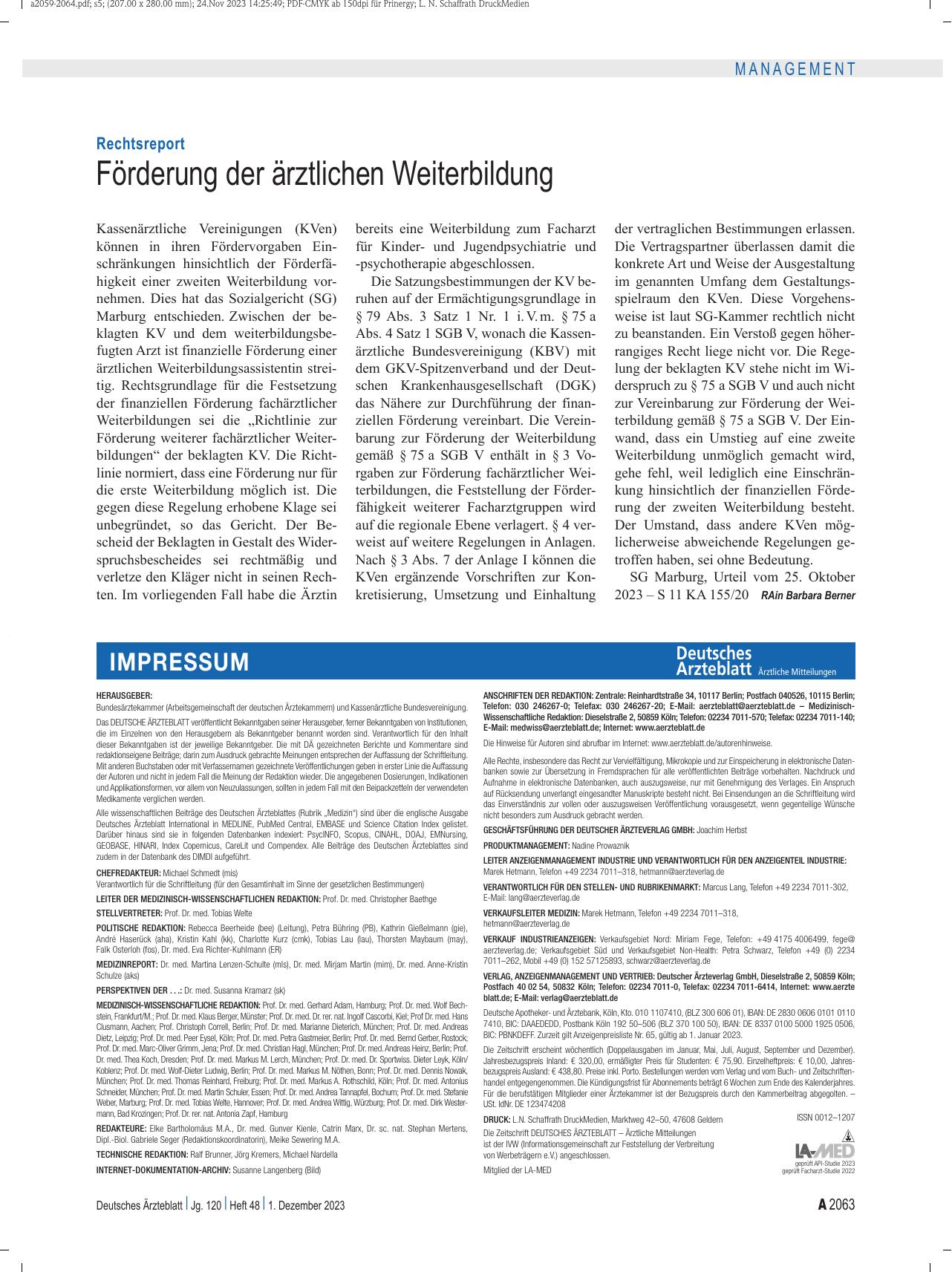 Vorschauseite 1: Rechtsreport: Förderung der ärztlichen Weiterbildung