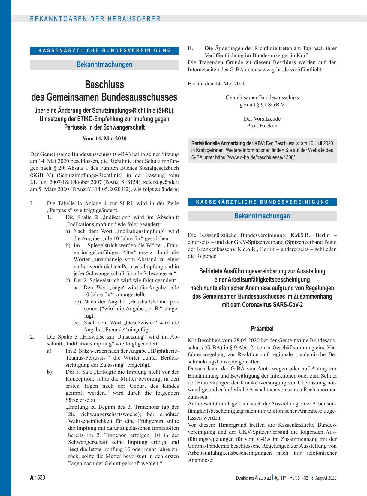Vorschauseite 1: Beschluss des Gemeinsamen Bundesausschusses über eine Änderung der Schutzimpfungs-Richtlinie (SI-RL): Umsetzung der STIKO-Empfehlung zur Impfung gegen Pertussis in der Schwangersc…