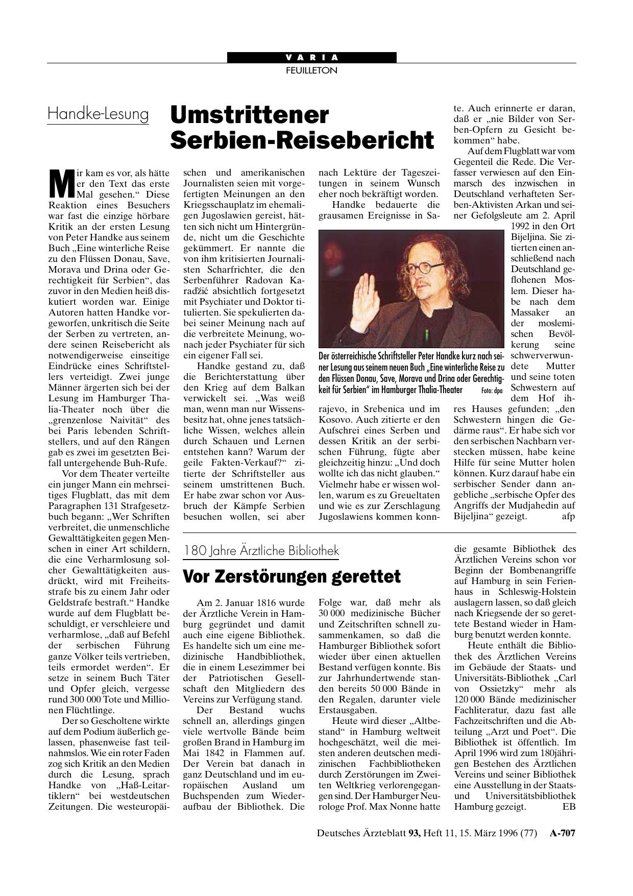 Vorschauseite 1: Handke-Lesung: Umstrittener Serbien-Reisebericht