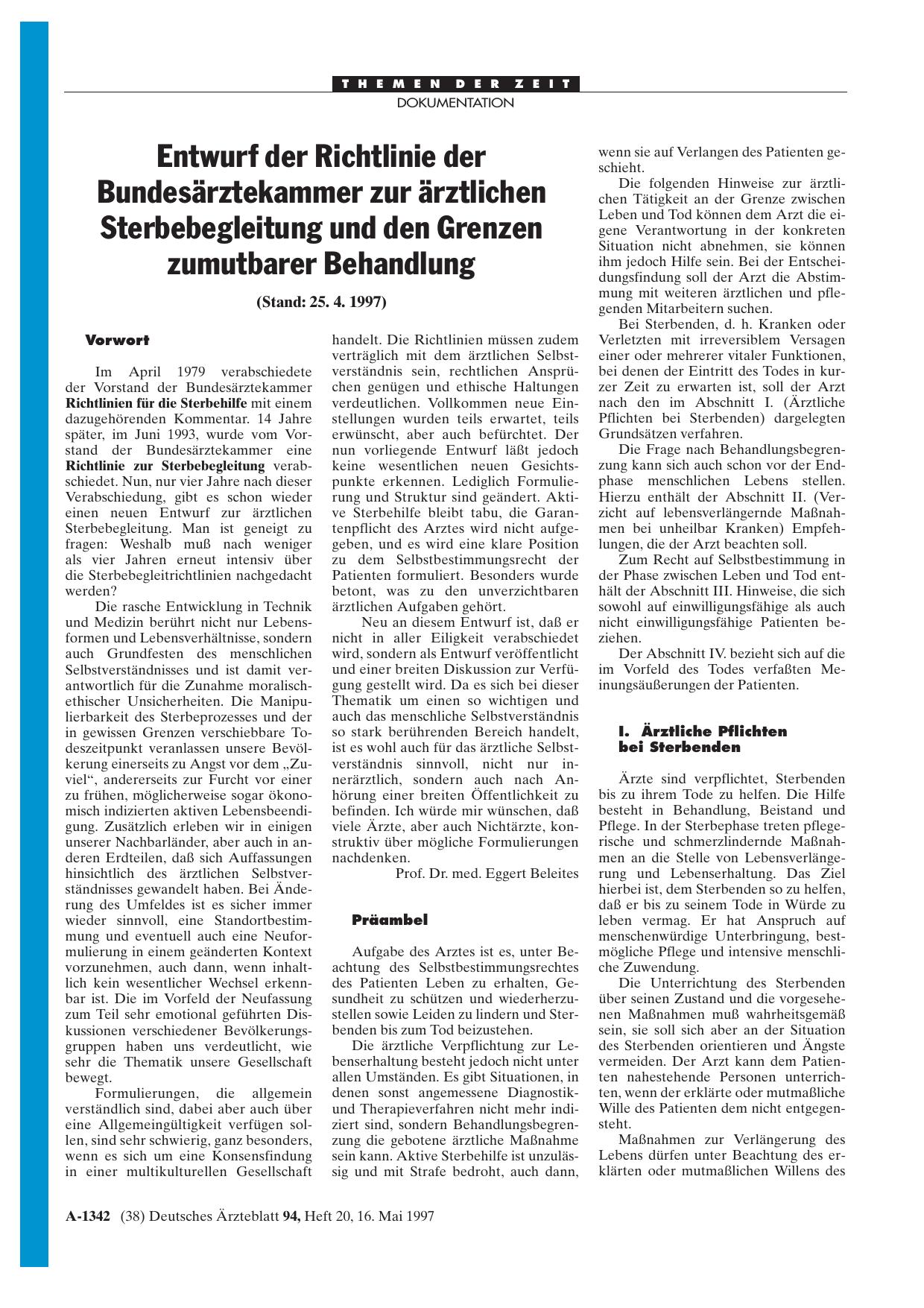 Vorschauseite 1: Entwurf der Richtlinie der Bundesärztekammer zur ärztlichen Sterbebegleitung und den Grenzen: zumutbarer Behandlung (Stand: 25. 4. 1997)