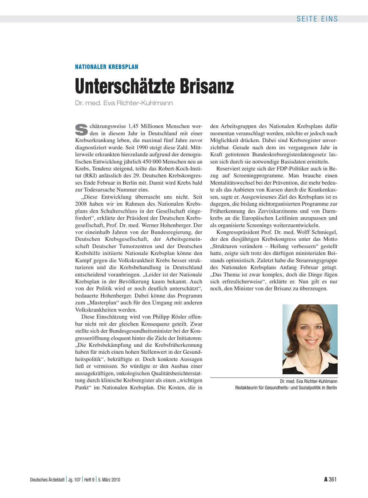 Vorschauseite 1: Nationaler Krebsplan: Unterschätzte Brisanz