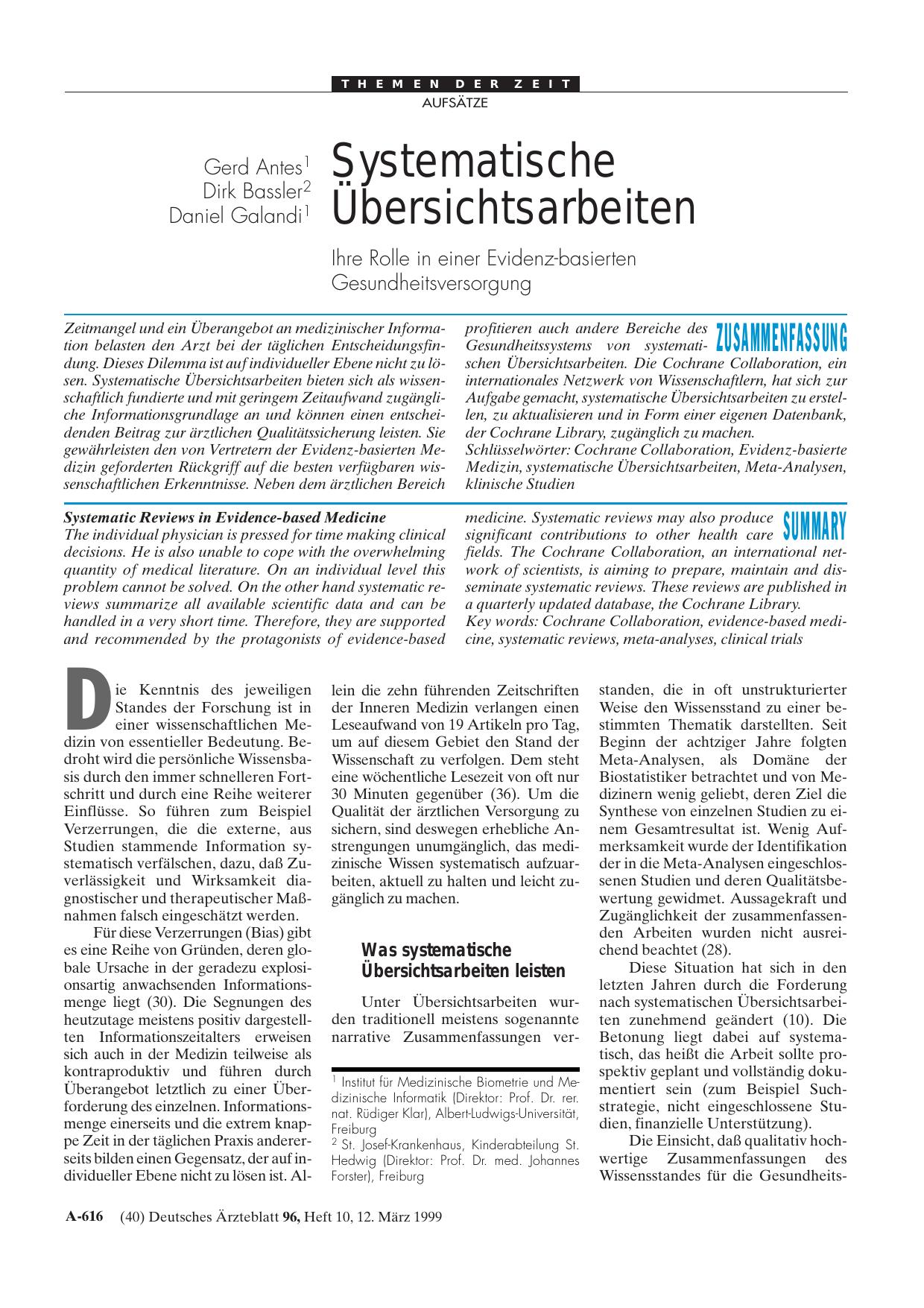 Vorschauseite 1: Systematische Übersichtsarbeiten: Ihre Rolle in einer Evidenz-basierten Gesundheitsversorgung