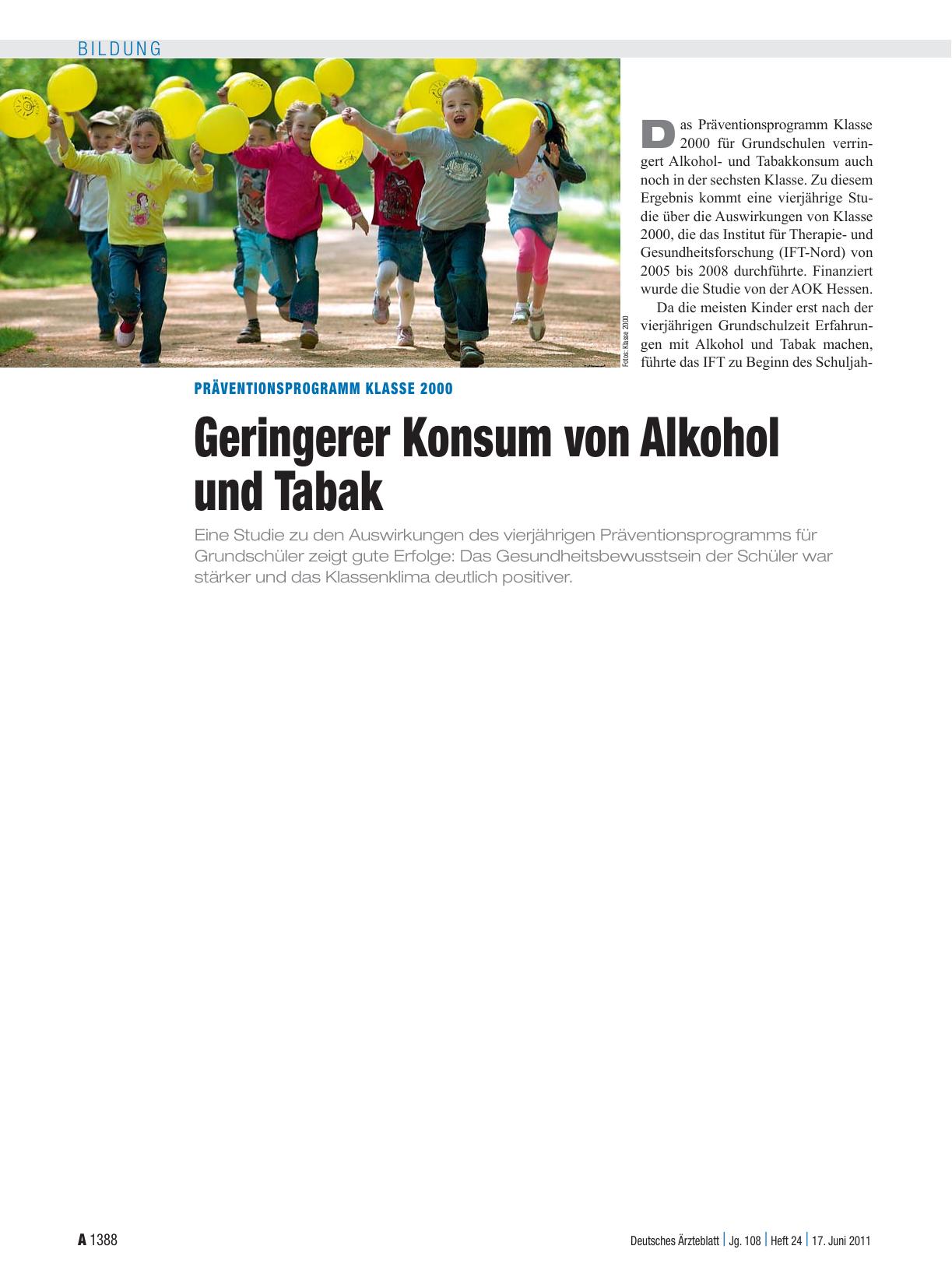 Vorschauseite 1: Präventionsprogramm Klasse 2000: Geringerer Konsum von Alkohol und Tabak