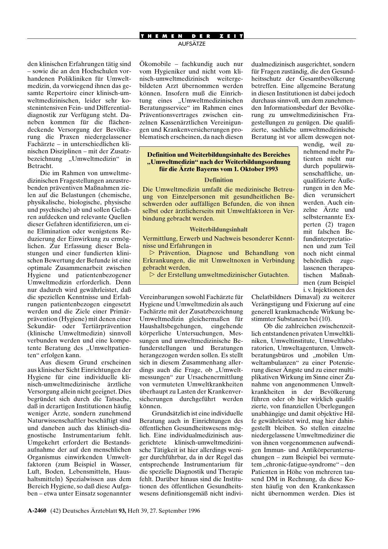 Vorschauseite 1: Definition und Weiterbildungsinhalte des Bereiches „Umweltmedizin“ nach der: Weiterbildungsordnung für die Ärzte Bayerns vom 1. Oktober 1993