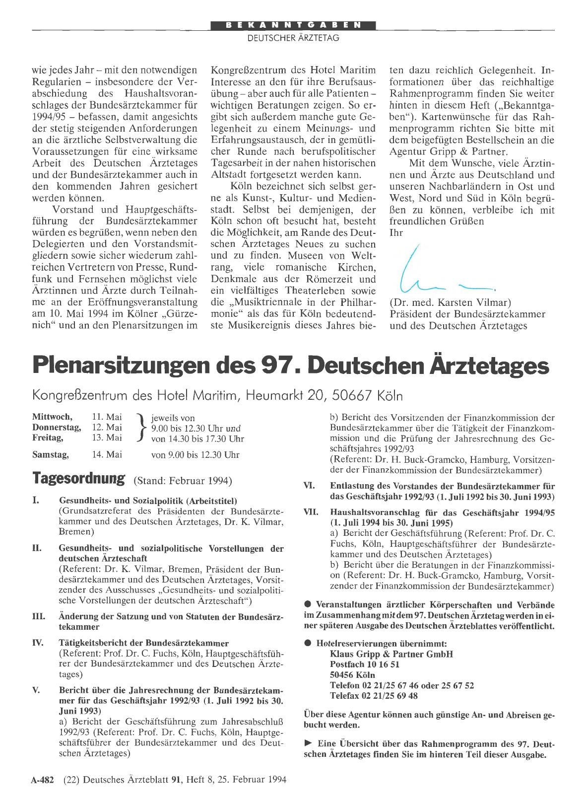 Vorschauseite 1: Plenarsitzungen des 97. Deutschen Ärztetages